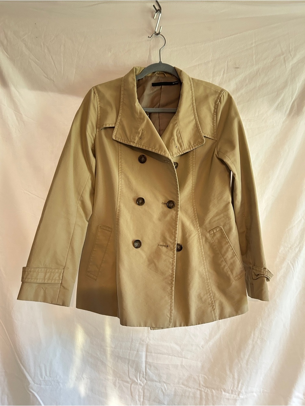 Uniqlo Khaki Double-Breasted Short Trench Coat women’s M missing belt